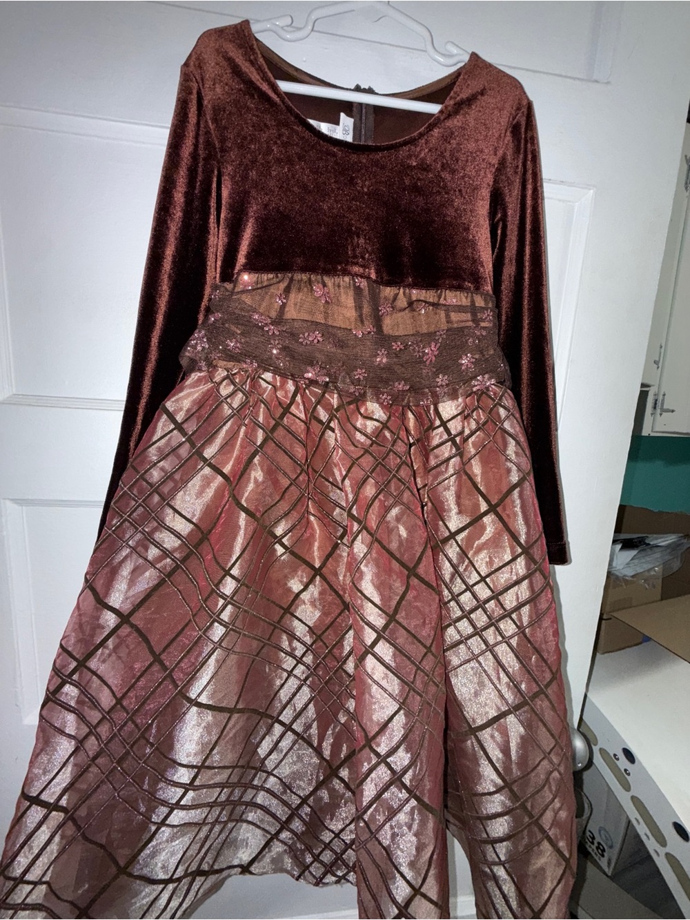 Bonnie Jean Metallic Rose Brown Velvet & Lace Party Dress
